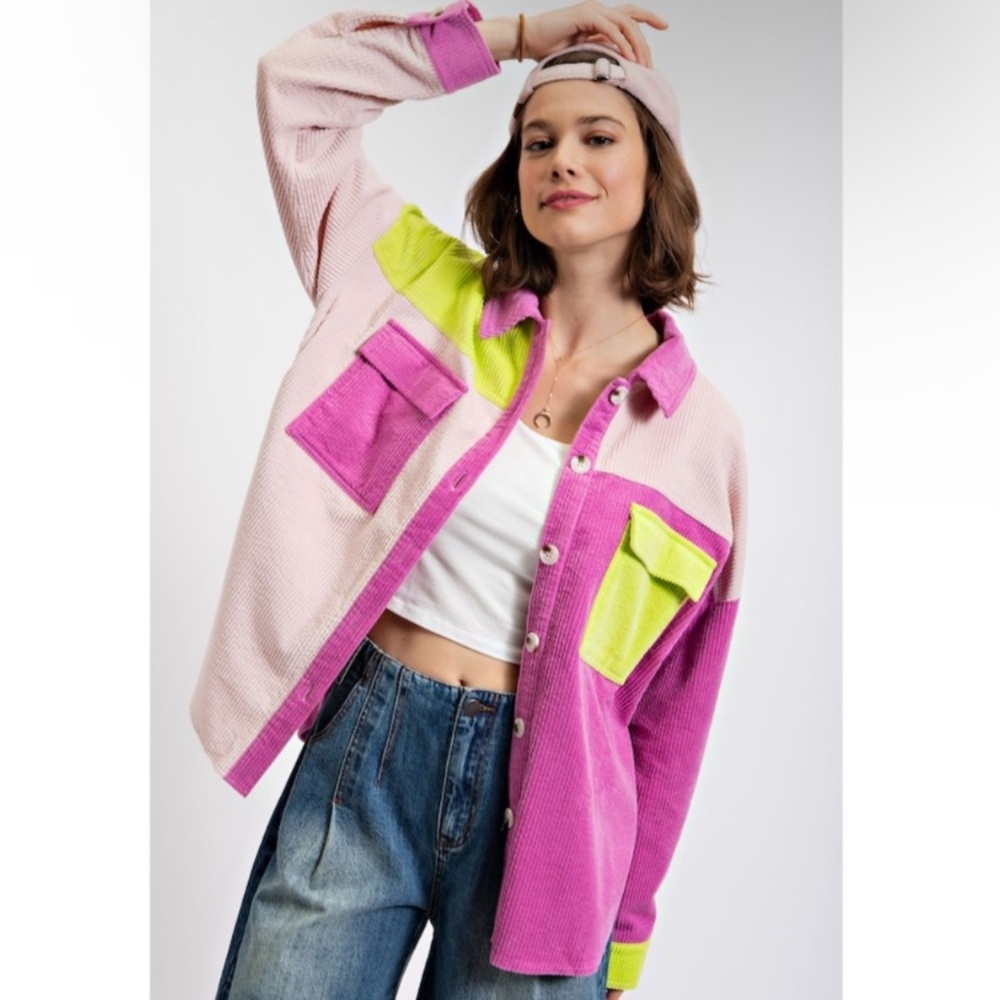 Easel Pink and Green Colorblock Jacket